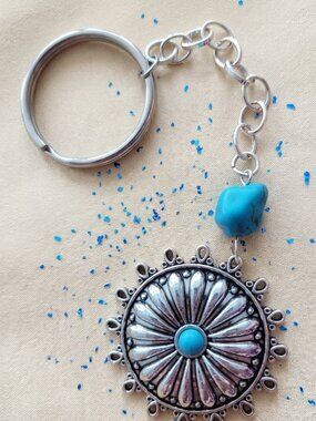 Handmade Turquoise Flower Keychain Silver Tone Boho Southwestern Charm